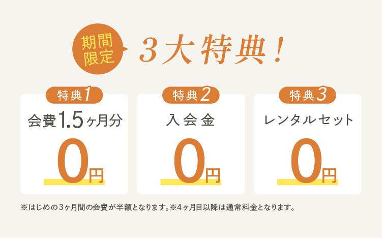 GRAND OPEN記念 入会金15,400円(税込) 0円 初月通常プラン15,400円(税込) 0円