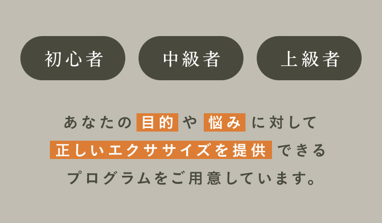 初心者 中級者 上級者 あなたの目的や悩みに対して正しいエクササイズを提供できるプログラムをご用意しています。