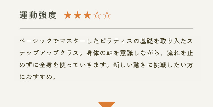 運動強度3 ベーシックでマスターしたピラティスの基礎を取り入たステップアップクラス。身体の軸を意識しながら、流れを止めずに全身を使っていきます。新しい動きに挑戦したい方におすすめ。