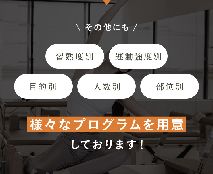 その他にも 習熟度別 運動強度別 目的別 人数別 部位別 様々なプログラムを用意しております！