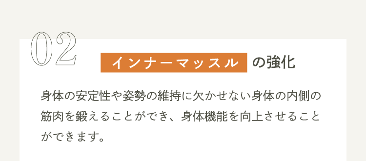 02 インナーマッスルの強化 身体の安定性や姿勢の維持に欠かせない身体の内側の筋肉を鍛えることができ、身体機能を向上させることができます。